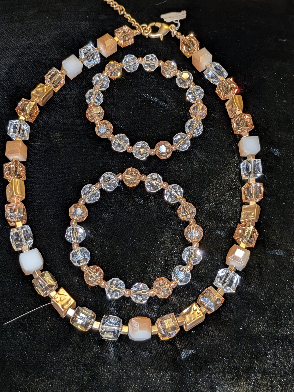 Crystal and Rose Gold Glass Beaded Necklace and Bracelet Set